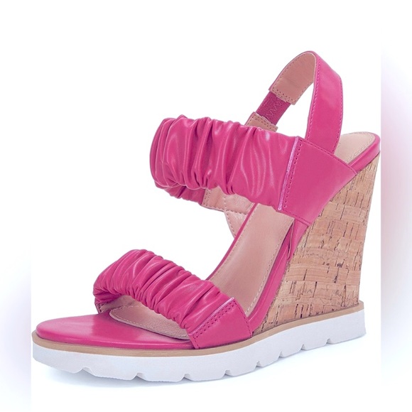 New Womens Open Toe Platform Wedge Sandals Elastic Ankle Strap Slip Pink - Picture 2 of 4